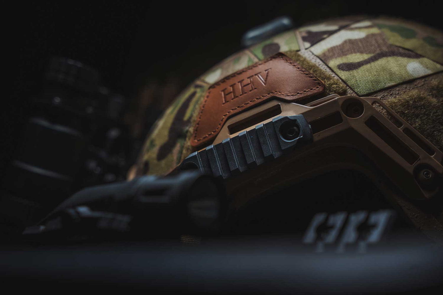 5 slot M-LOK® Polymer Rail on a multicam ate ballistic helmet with night vision mounted.