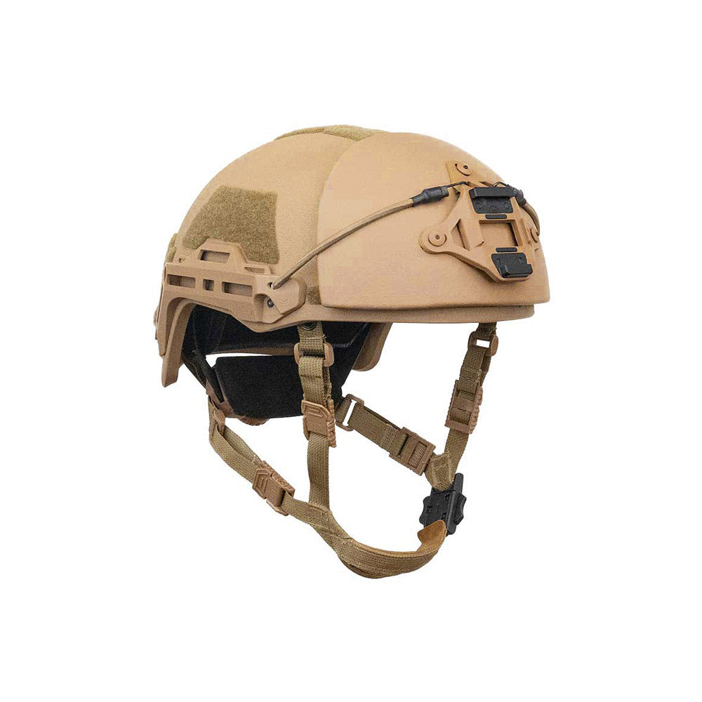 Tan ATE Rifle Helmet with Up-armor facing left