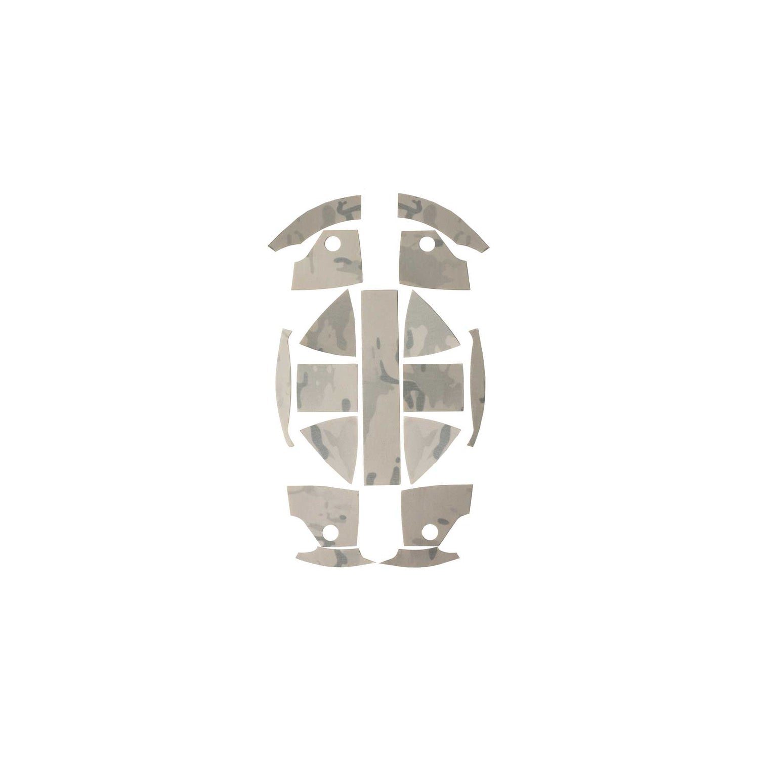 Top-down view of Ranger Wrap Skin for Kevy Helmet in Alpine Multicam pattern, laid flat