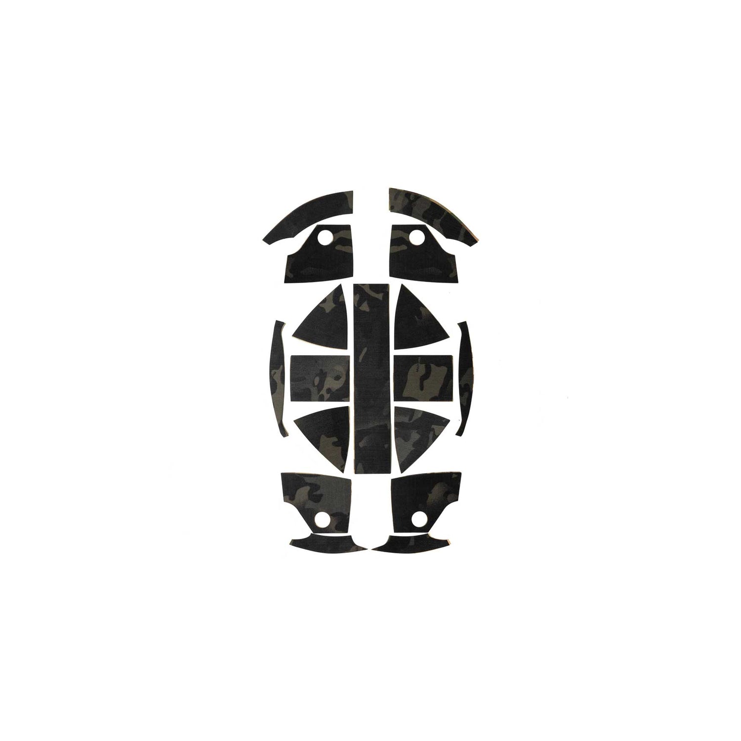 Top-down view of Ranger Wrap Skin for Kevy Helmet in black multicam, laid flat