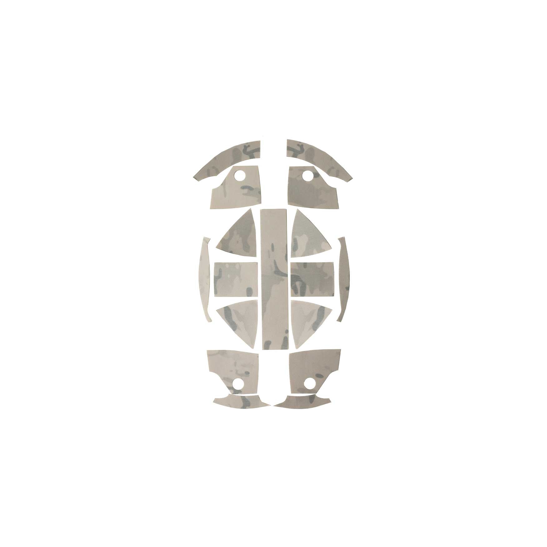 Top-down view of Ranger Wrap Skin for Kevy Helmet in Alpine Multicam pattern, laid flat