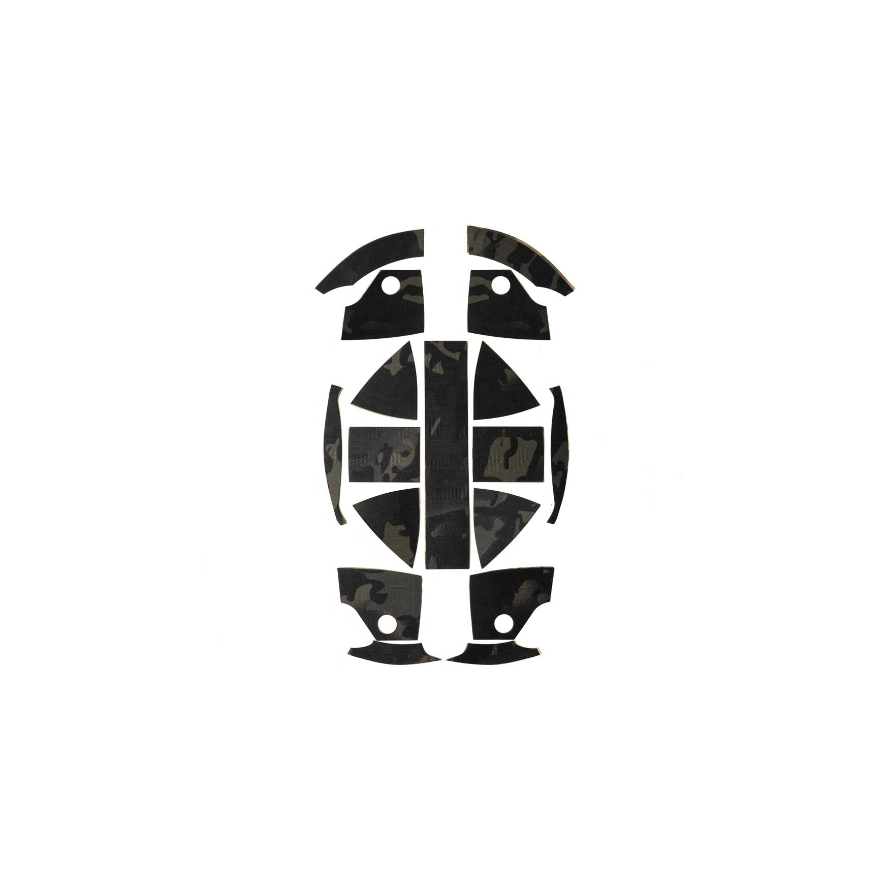 Top-down view of Ranger Wrap Skin for Kevy Helmet in black multicam, laid flat