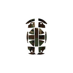 Top-down view of Ranger Wrap Skin for Kevy Helmet in Woodland camouflage pattern, laid flat