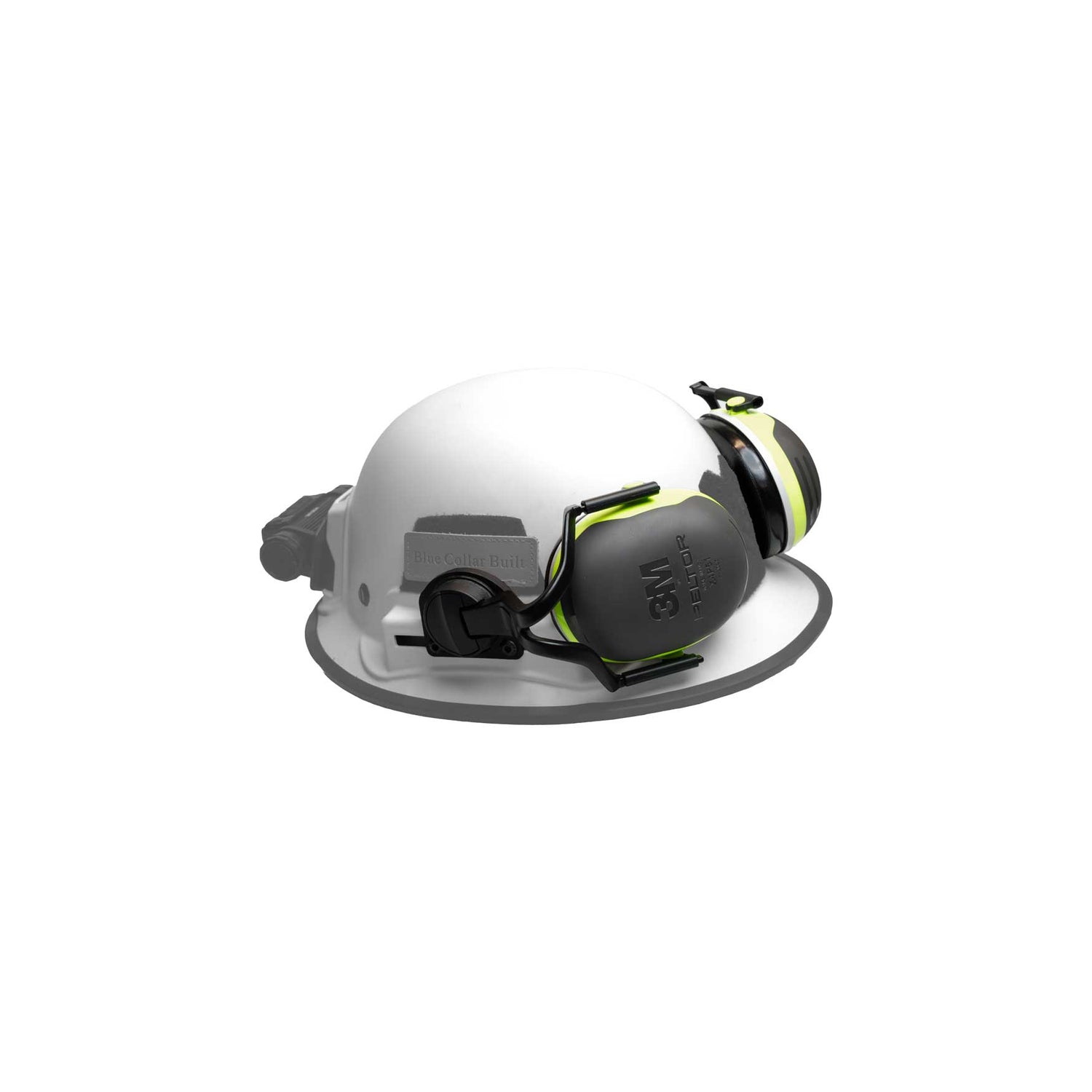 White Kevy hard hat with black and gray ear muffs X4 on a white background