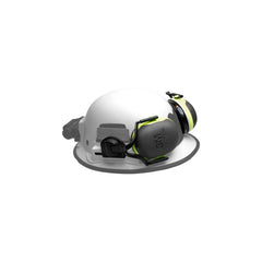White Kevy hard hat with black and gray ear muffs X4 on a white background